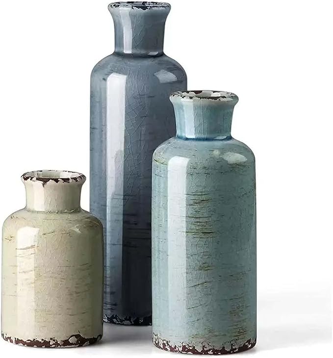 Small Ceramic Vase Set of 3,Small Flower Vase for Home Decor,Rustic Farmhouse Vases for Living Room,Table Shelf,Centerpieces,Fireplace and Entrance,Decorative Vases for Flowers Three Colors