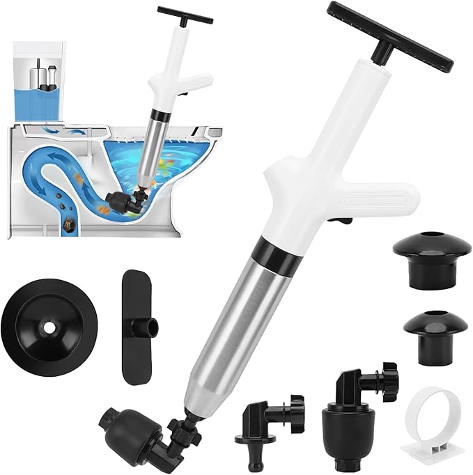 Toilet Plunger Drain Clog Remover, High Pressure Air Drain Remover Tool with Real-Time Barometer, Stainless Steel Clog Toilet Cleaner for Bathroom Kitchen Commercial Floor Sink(White)