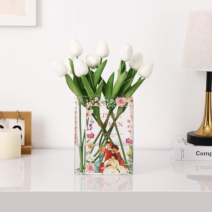 Book Vase for Flowers, Glass Book Vase, Book Flower Vase, Clear Book Vase, Book Shaped Vases, A Book About Flowers Vases for Bedroom, Living Room, Office, Bookshelf (Women)