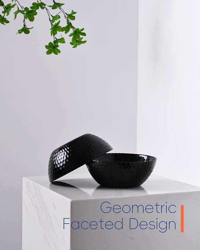 27 OZ Max Cereal Soup Bowl Set of 6, Thin Light & Durable Opal Glass 7.2 inch Black Geometric Faceted Bowls for Ramen, Noodle, Salad, Fruit, Dishwasher and Microwave Safe