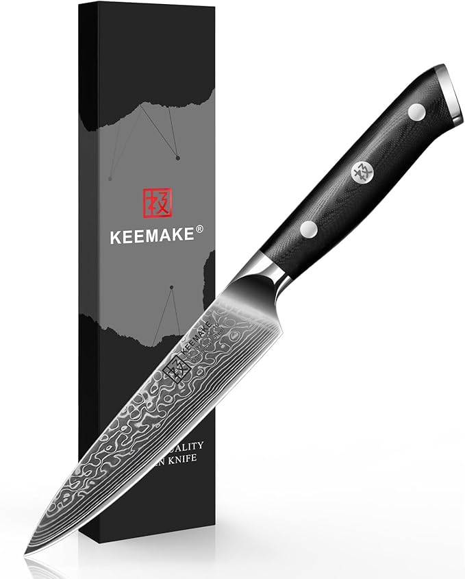 KEEMAKE Kitchen Utility Knife, 5 Inch Chef Knife, 67-Layer Damascus Steel Paring Knife with Ergonomic G10 Handle, Multipurpose Kitchen Knife for Fruit and Vegetable Cutting