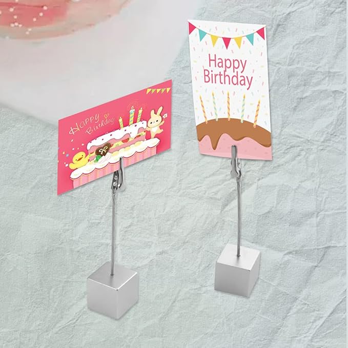 10Pcs Cube Base Memo Clip Holder Stand with Alligator Clip Clasp for Displaying Pictures Number Menu Name Card Holder (Silver)