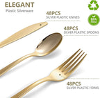 144 Pack Gold Premium Plastic Cutlery Disposable Silverware Set - 48 Forks, 48 Knives, 48 Spoons - For Catering, Parties, Dinners, Weddings, and Everyday Use, Plastic box packaging
