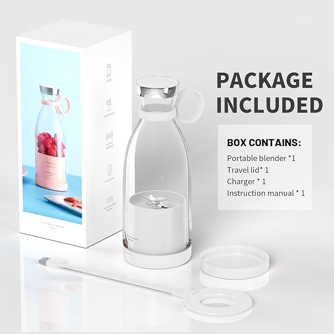 OTPEIR Portable Blender for Shakes and Smoothies with 11.83 Oz Travel Cup and Lid,Durable Stainless Steel Blades for Juice Blending Performance, White