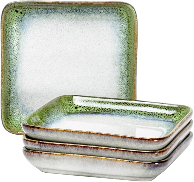 HENXFEN LEAD Small Ceramic Plates 6.3 Inch - Dessert, Appetizer, Snack Plate Set of 4 Scratch Resistant, Porcelain Serving Side Dish Microwave & Oven, Dishwasher Safe - Reactive Green