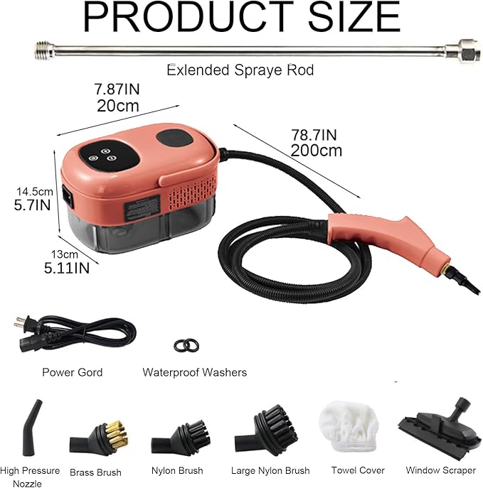 Touchscreen Steam Cleaner 1100ML 2500W High Temperature Pressure Handheld Steam Cleaning Machine with Brush Heads and Gloves 7 in 1 for Car Floor Kitchen Bathroom Window Furniture (Red)