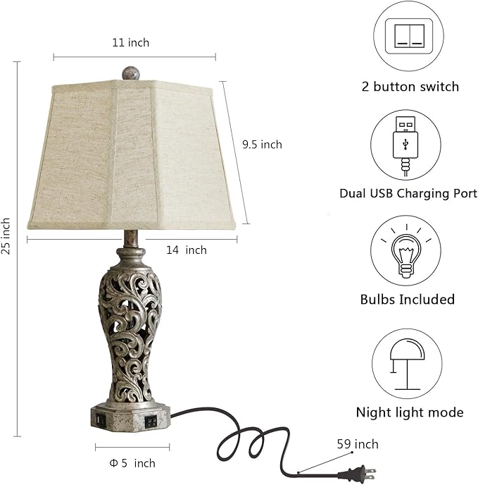 Vintage Table Lamps Set of 2 for Living Room Bedroom, 2 USB Ports 25'' Rustic Farmhouse Desk Lamp with Nightlight, Iron Gray Hollow Out Resin Lamp for End Table (Bulbs Included)