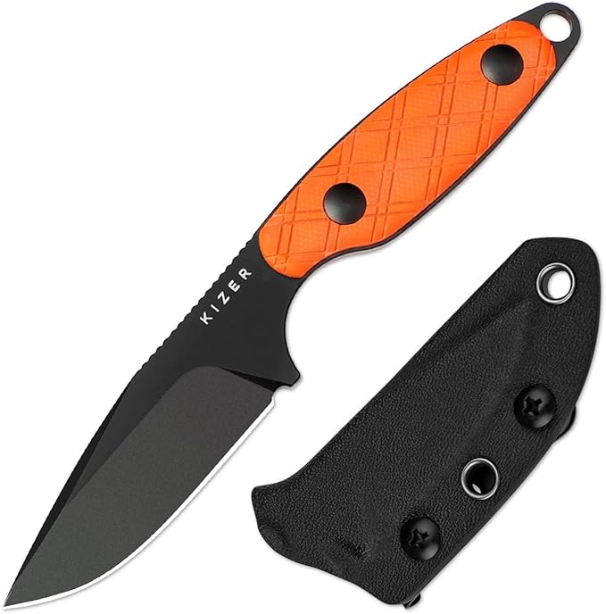 Kizer Muskrat Fixed Blade Knife, 3.15 In D2 Blade EDC Knife Argyle Pattern Orange G10 Handle Neck Knives for Men Women, Outdoor Hunting Hiking Survival Camping Knives with Sheath, 1064M2