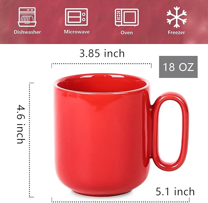 vicrays Ceramic Coffee Mug Set - 18 Ounce Large Stoneware Mug for Men Women - Unique Glazed Porcelain Mugs with Handle for Coffee Latte Tea Milk Cocoa - Set of 4 (Red)