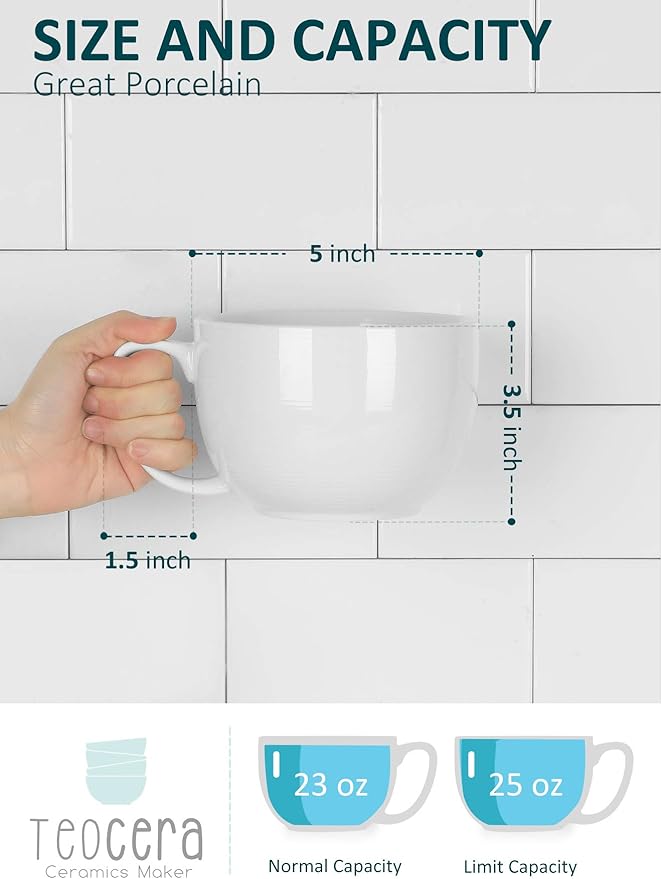 Teocera Soup Mugs with Handles, White Coffee Mugs Set of 4, Large Soup Cups - Striped Design - 24 Ounce Porcelain Jumbo Mugs Bowls for Coffee, Oatmeal, Hot Cocoa, Cereal