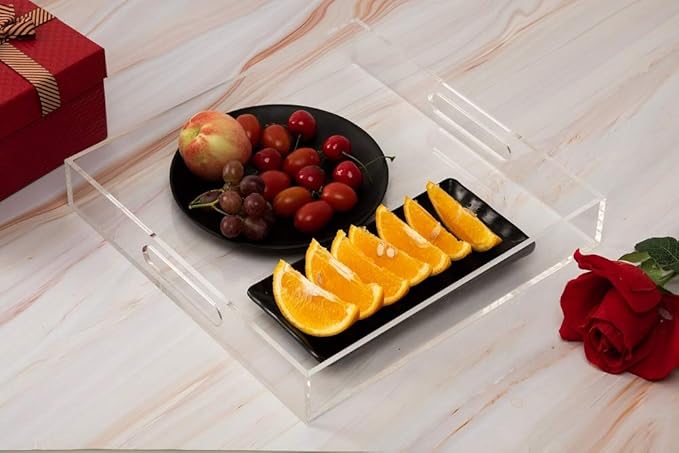 Clear Sturdy Acrylic Serving Tray with Handles - 12x12Inch - Coffee, Appetizer, Breakfast, Butler Tray - Kitchen Countertop & Makeup Drawer Organizer