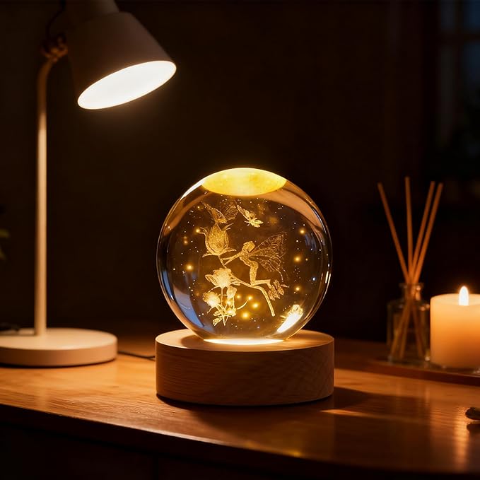 Fairy Crystal Ball, 3D Laser Engraved Rose Butterfly Glass Night Light, Decorative Globe Crystal Lamp Sphere, Decorative Light Gifts for Girls, Her, Fairy Lovers
