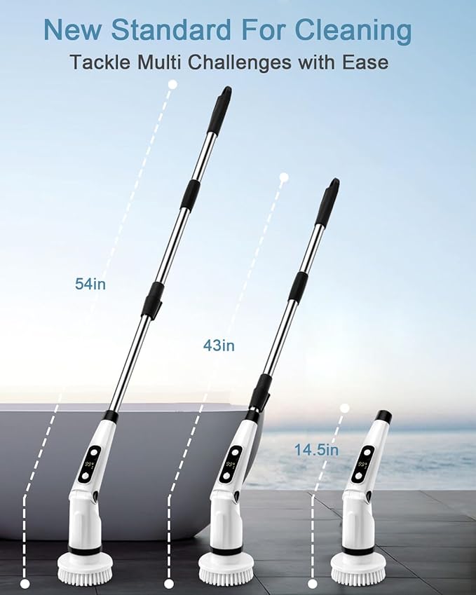 IEZFIX Electric Spin Scrubber, Bathroom Power Shower Scrubber Cleaning Brush for Tub/Tile/Floor/Toilet/Kitchen, 8 Cleaner Scrub Brush Heads, 3 Speeds 450RPM Max, Telescopic Rod Black