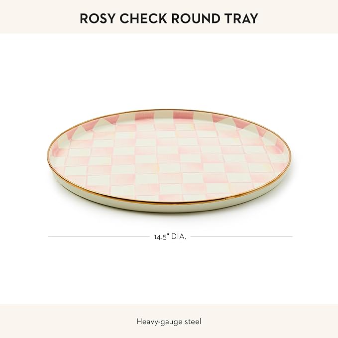 MACKENZIE-CHILDS Enamel Round Tray, Unique Serving Platter for Food and Drinks, Pink-and-White Rosy Check