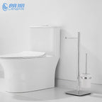 Freestanding Toilet Brush and Paper Holder Set Superior Hotel Luxury Style Join Roll Paper and Toilet Brush Non-Skid Sturdy Floor Stand Brass Chrome with White Ceramic Cup