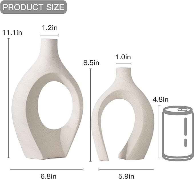 Levvohd XL Beige Ceramic Vase Set of 2 for Modern Home Decor, Eclectic Entryway Modern Boho Hollow Flower Vases for Living Room Bookshelf Dining Coffee Table Centerpiece (W 6.8" X H 11")