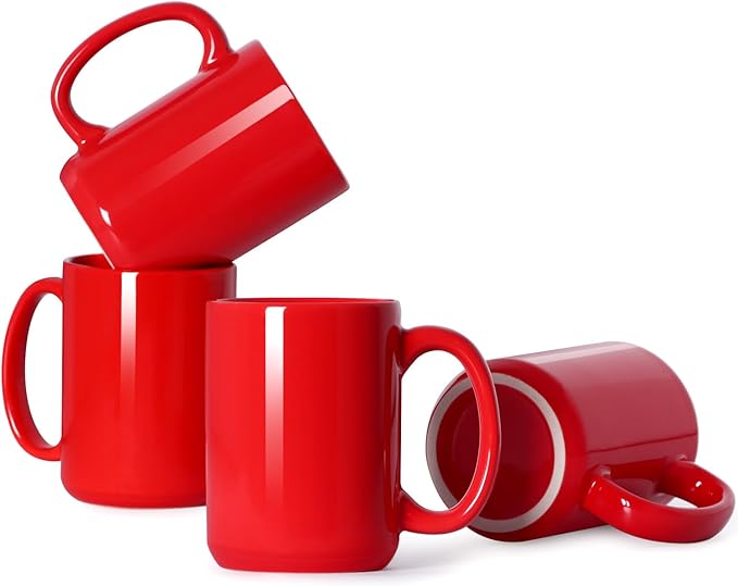 Smilatte 16 OZ Porcelain Coffee Mugs, Classic Blank Ceramic Cup with Large Handle for Tea Latte Cappuccino, Set of 4, Red