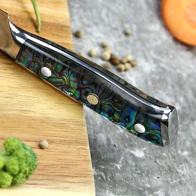 Steak Knives Set of 12 Damascus Steak Knife Set 5-Inch, Forged German Steel Full Tang Handle Straight Edge Dinner Knives, Razor-Sharp, Steel Blade AUS-10V with Abalone Shell Resin Handle