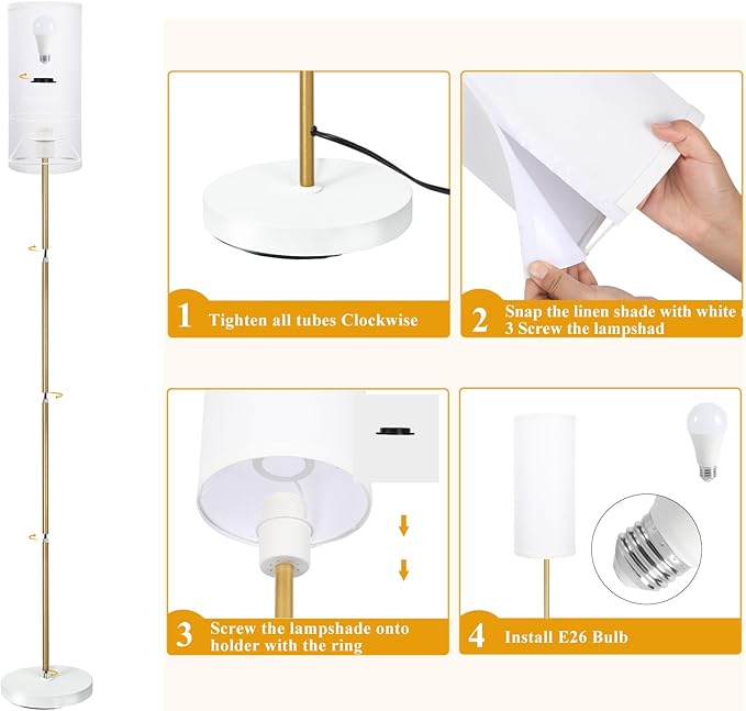 BoostArea Floor Lamp for Living Room with 3 Color Temperatures Bulb, Modern Floor Lamps, Classic Tall Lamp for Office, Standing Lamps for Bedroom, Kids Room, Study(9W LED Bulb, White Linen Shade)