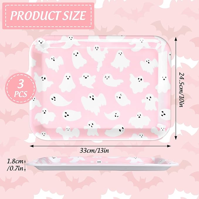 3Pcs Halloween Serving Trays Pink Ghost Platter Cute Ghost Reusable Serving Dishes for Birthday Baby Shower Party Sharing Snacks Fruit Dessert, 13 x 10 Inch