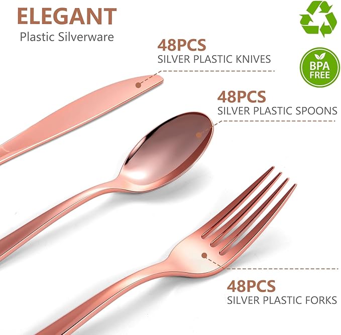 144 Pack Rose Gold Premium Plastic Cutlery Disposable Silverware Set - 48 Forks, 48 Knives, 48 Spoons - For Catering, Parties, Dinners, Weddings, and Everyday Use, Plastic box packaging