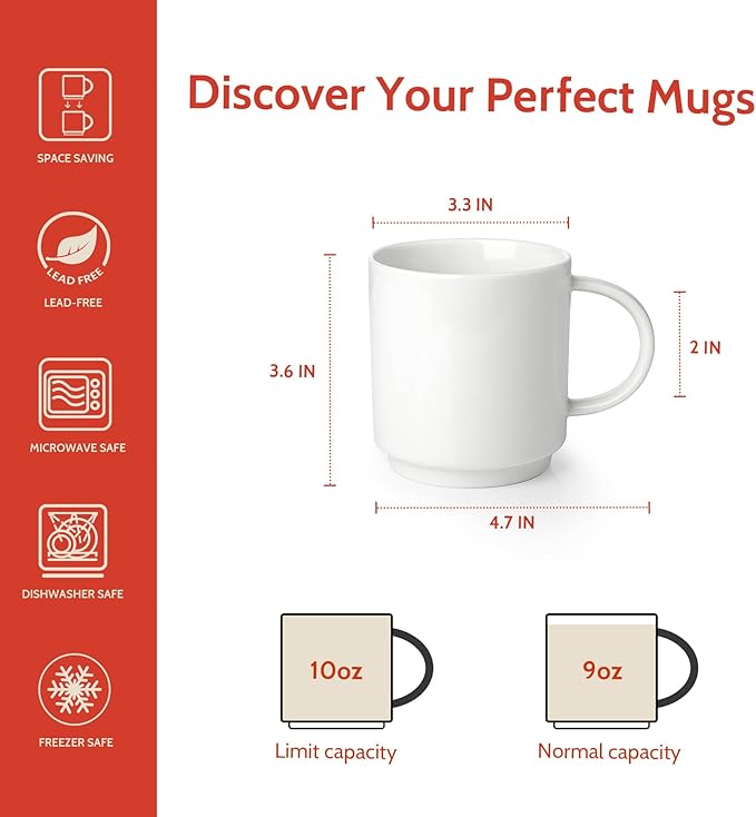 Sweese 10 Oz Stackable White Coffee Mug, Porcelain Coffee Mugs Sets of 6, Coffee Cups with Handle for Specialty Coffee Drinks, Cappuccino, Cafe Mocha, Latte and Tea, White