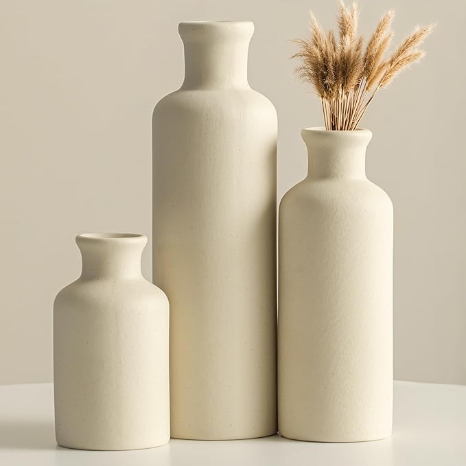 Modern Ceramic Vase Set of 3, Beige Colors, Decorative Bottles for Home, Farmhouse Rustic Decor (Beige)