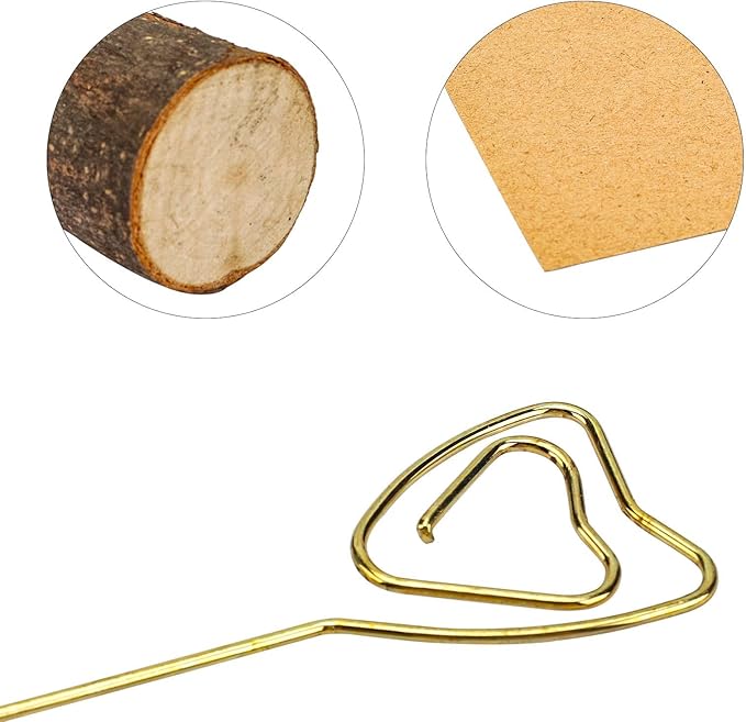 10 Pcs Rustic Wood Place Card Holders and 10 Pcs Kraft Place Cards, Wooden Table Number Holder Stand Photo Picture Note Clip Holders for Wedding Party Name Sign(Gold Heart Wire)