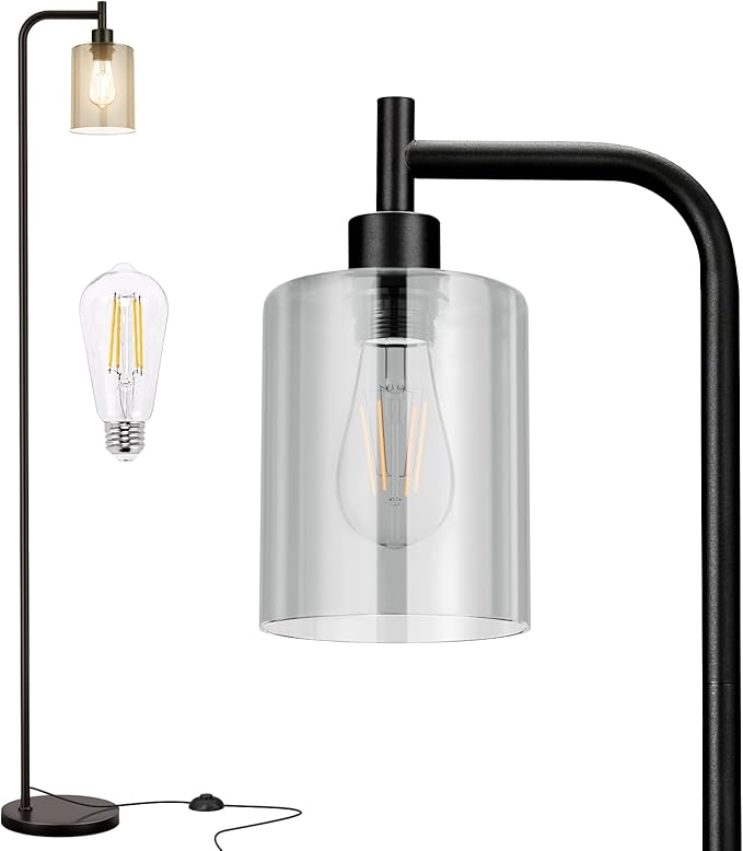 Floor Lamps for Living Room - Standing Lamp with Grey Glass Shade, Modern Floor Lamp with LED Bulbs, Industrial Floor Lamp for Bedroom, Black Tall Lamp for Office(Light Bulb Included)
