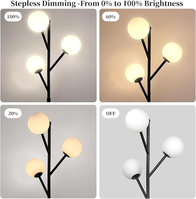 3-Globe Mid Century Black Tree Floor Lamp and Bulbs Included,70in Tall Modern Stepless Dimmable Standing Lamp with Frosted Glass Shade for Living Room Office Bedroom, Study Room(dimmer-Black)