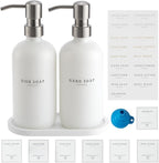 Glass Soap Dispenser - Dish Soap Dispenser for Kitchen and Hand Soap Dispenser Set, Bathroom Soap Dispenser with 304 Rust Proof Pump, Soap Dispenser for Kitchen with Tray, White Bottle/Silver Pump