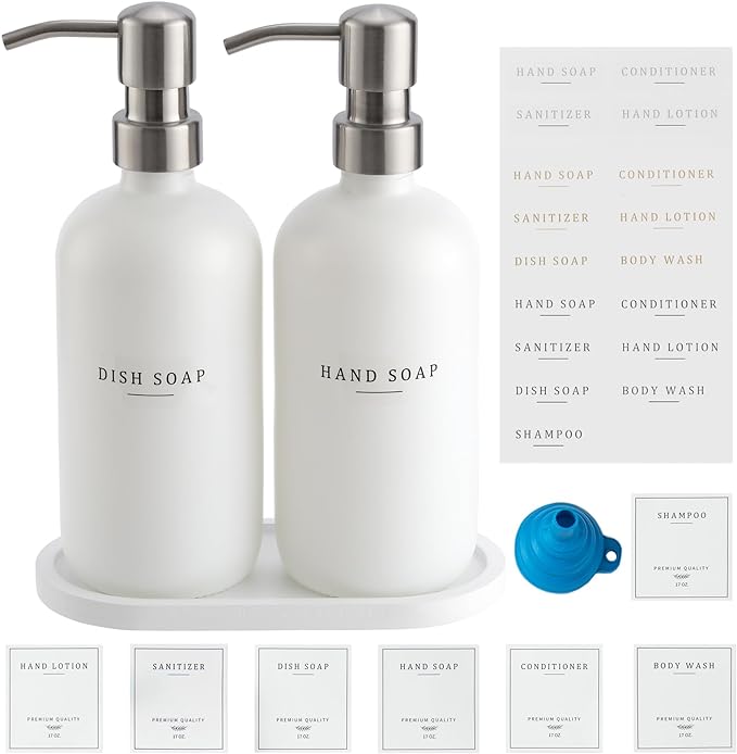 Glass Soap Dispenser - Dish Soap Dispenser for Kitchen and Hand Soap Dispenser Set, Bathroom Soap Dispenser with 304 Rust Proof Pump, Soap Dispenser for Kitchen with Tray, White Bottle/Silver Pump