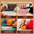 Santoku Knife 7in, Damascus Japanese Chef Knife, Professional Hand Forged Chef's Knives for Kitchen Cooking Meat Cleaver, Cutting Vegetables and Fruit, Razor-Sharp Chef's Knife with Gift Box, Black