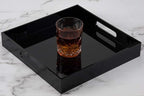 Glossy Black Sturdy Acrylic Serving Tray with Handles - 12x12 Inch Multipurpose Tray for Coffee, Appetizers, Breakfast, and More