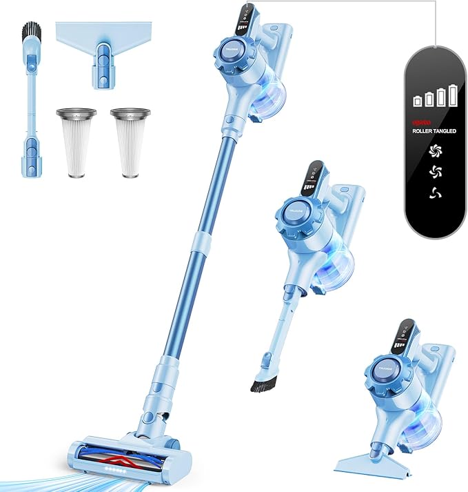 Cordless Vacuum Cleaner, 8-in-1 Lightweight Stick Vacuum with 45mins Runtime, Powerful Suction, Rechargeable Cordless Vacuum for Carpet, Tile, Pet Hair, Hardwood Floors, Blue