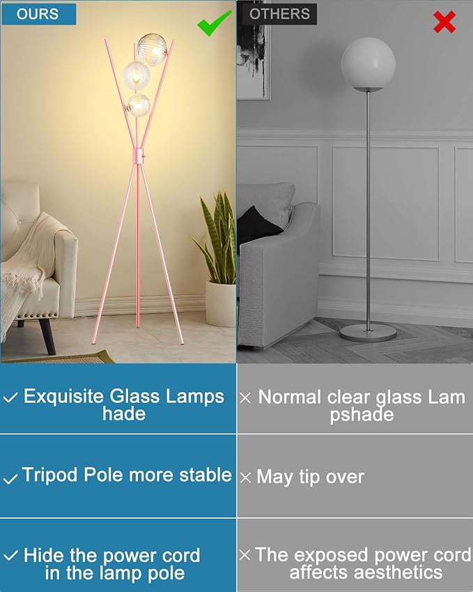 Lightdot Tripod Floor Lamp Dimmable Pink Standing Lamps with Globe Clear Glass Lampshade 3PCS 3000K G9 Bulbs Included Mid Century Modern Floor Lamp for Living Room/Bedroom