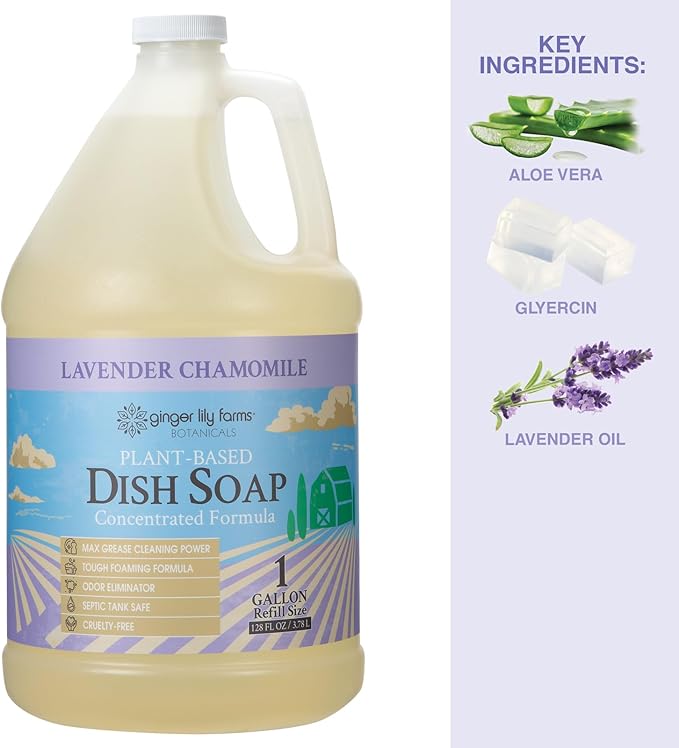 Ginger Lily Farms Botanicals Plant-Based Liquid Dish Soap, Concentrated Formula with Max Grease Cleaning Power, Cruelty-Free, Lavender Chamomile Scent, 1 Gallon Refill (128 Fl. Oz.)