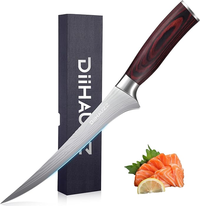 Fillet Knife 7 Inch, Razor Sharp Boning Knife High Carbon Stainless Steel for Fish Meat Poultry Cutting, Japanese Style Fish Knives with Flexible Ergonomic Pakkawood Handle