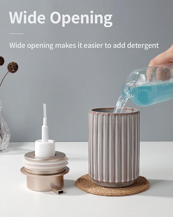 Foaming Soap Dispenser, Ceramic Refillable Foam Hand Soap Pump for Bathroom and Kitchen, Lotion Dispenser, Brown Foaming Dish Soap Dispenser, Modern Stripe Design, ANTIS'S HOME