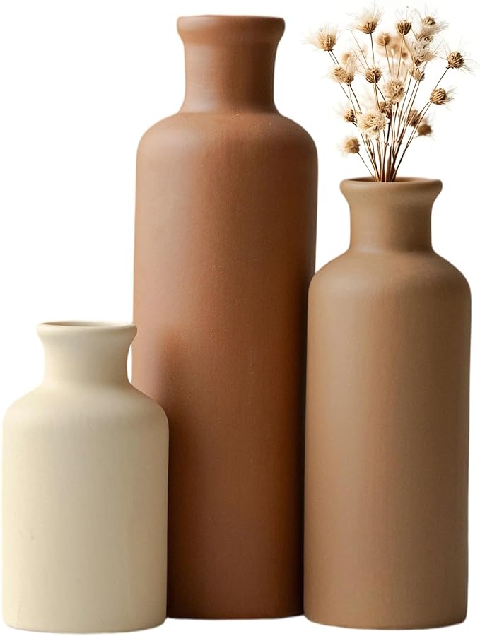 Modern Ceramic Vase Set of 3, Neutral Colors, Decorative Bottles for Home, Earth Tone Farmhouse Rustic Decor (Coffee Mix)