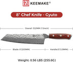 KEEMAKE Damascus Chef Knife 8 inch - Kiritsuke knife with Hammered Damascus Steel Blade Kitchen Knives, Pakkawood Handle Chopping Knife for Meat Cutting, w/Walnut Sheath
