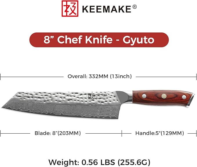 KEEMAKE Damascus Chef Knife 8 inch - Kiritsuke knife with Hammered Damascus Steel Blade Kitchen Knives, Pakkawood Handle Chopping Knife for Meat Cutting, w/Walnut Sheath