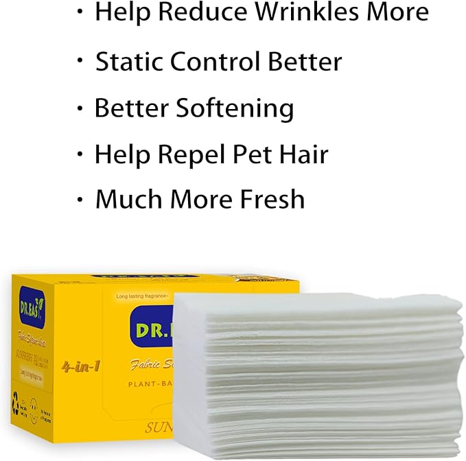 DR.EASY Dryer Sheets Plant Based Formula 252 Ct Fabric Softener sheets for Laundry Sunfresh Essential Oil Scented No Artificial Fragrances No Dyes Reduce Static & Wrinkles Help Repel Pet Hair