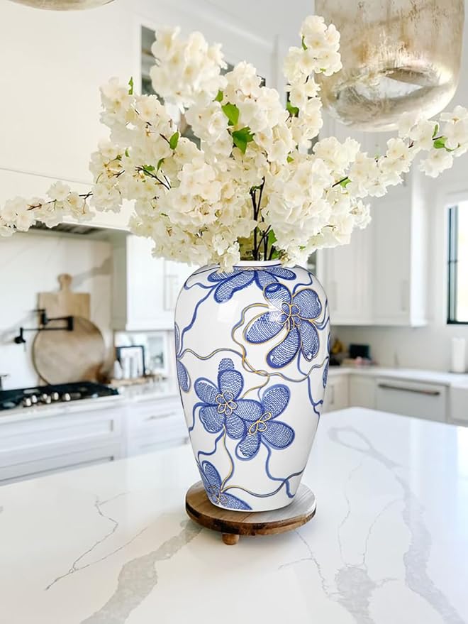 Blue and White Ceramic Vase for Home Decor – Hand-Painted Porcelain Flower Vase with Gold Accents – Chinoiserie-Inspired Home Decor Vase – 11" for Table, Shelf, or Mantel