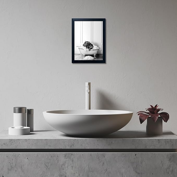 Black and White Bathroom Wall Decor Funny Hippo in Bathtub Wall Art Framed Humor Bathroom Signs Cute Animal Cnvas Print Artwork