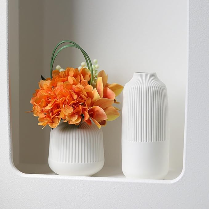 White Ceramic Vase Set of 2, Flower Vases Home Decor, Boho Vase for Pampas Grass, White Vases for Centerpieces Table Entryway Shelf