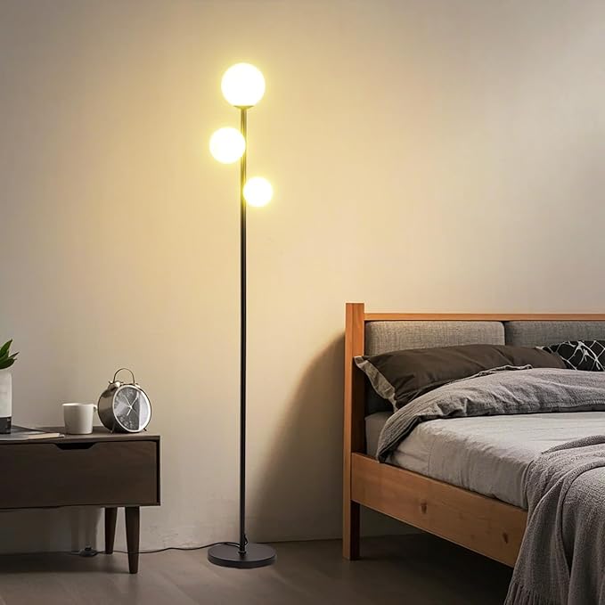 Fiqevs 3 Globe Mid Century Modern Floor Lamp, 3 x 800LM LED Bulbs Included, Matt Black Standing Lamp with Sphere Frosted Glass Shade, Vintage Retro Tall Pole Lamp for Living Room, Bedroom Office