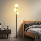 Fiqevs 3 Globe Mid Century Modern Floor Lamp, 3 x 800LM LED Bulbs Included, Matt Black Standing Lamp with Sphere Frosted Glass Shade, Vintage Retro Tall Pole Lamp for Living Room, Bedroom Office