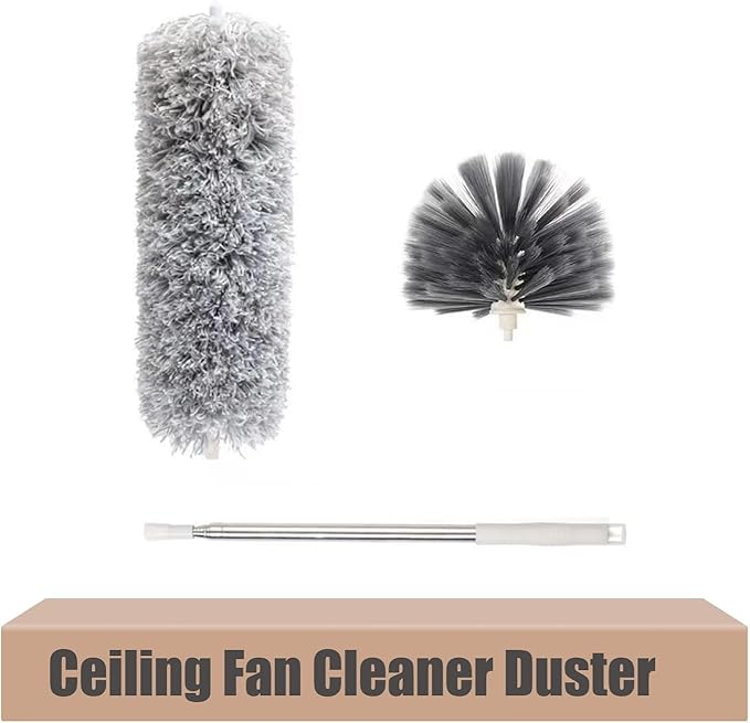Ceiling Fan Cleaner Duster with Extension Pole, Washable Cleaning Duster Kit with 2 Duster Heads, Cobweb Duster, Corner Brush, 21-100 Inch Long Telescoping Pole