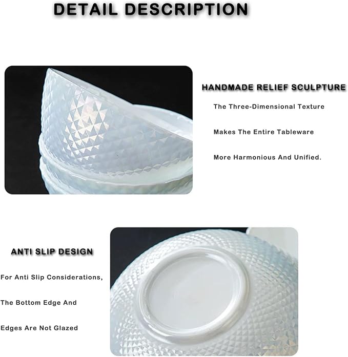 11 OZ Ceramic Soup Bowls for Kitchen White Diamond, Ultra light Set of 4 Perfect for Soup Bowls for Kitchen, Ramen Bowl, for Oatmeal, Fruit,Salad and Rice Bowl, Dishwasher & Microwave Safe (4.73 INCH)